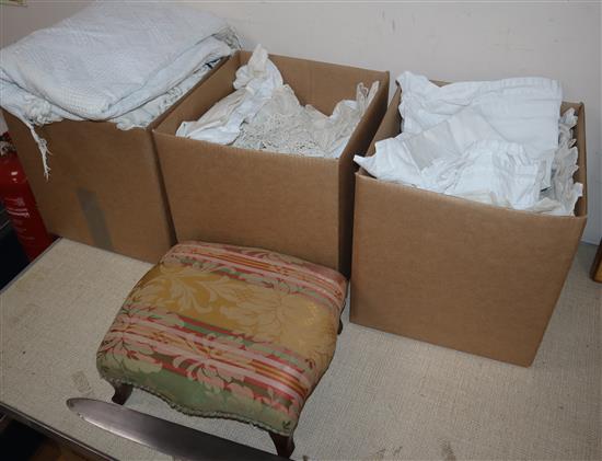 A quantity of assorted linen and footstool